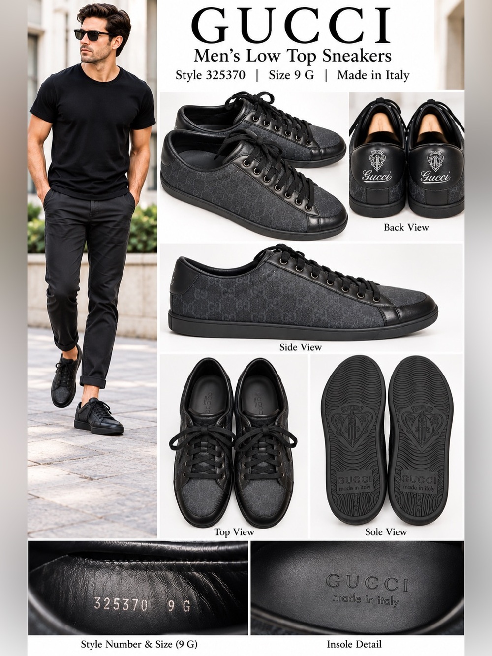 Gucci Men’s Black GG Monogram Low Top Sneakers Made in Italy Size 9 G